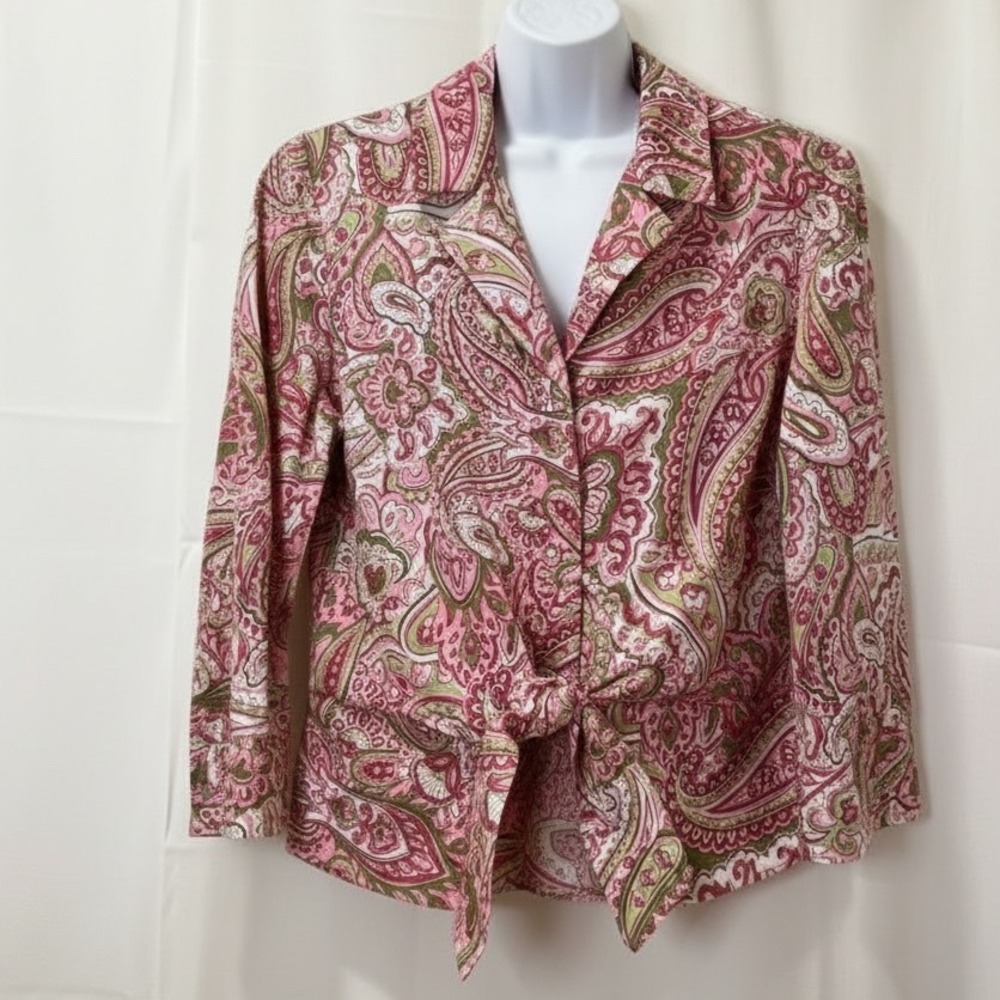 Jones New York Paisley Tie Front Button Up Blouse Womens M Pink Cotton‎ Top Boho